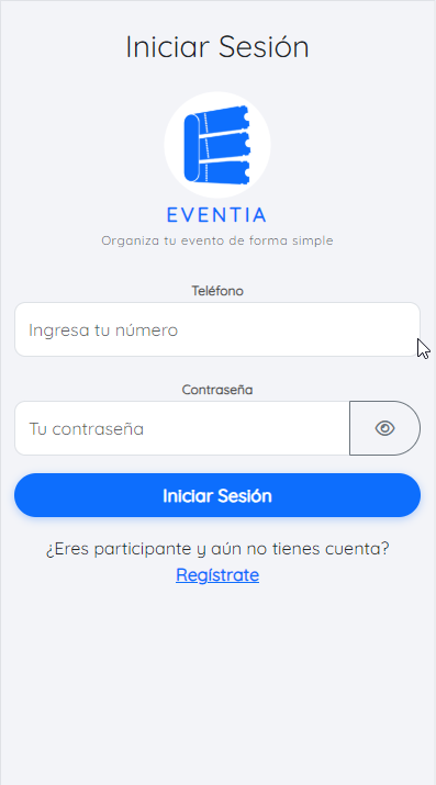 Pantalla de inicio de sesión de Eventia