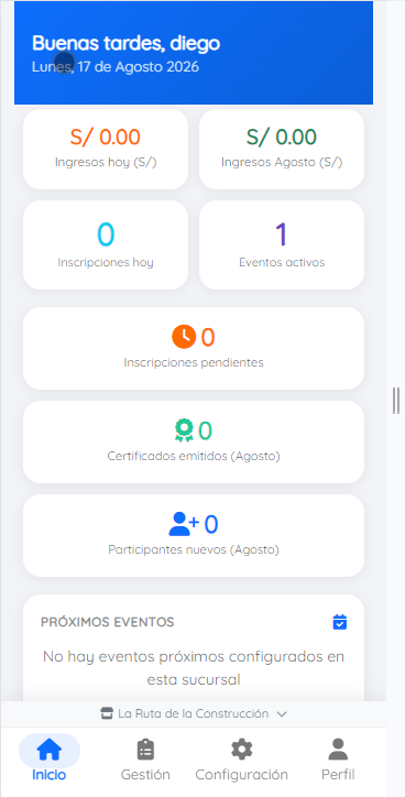 Panel de inicio con métricas del día