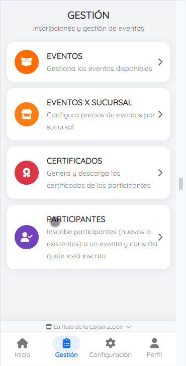 Menú de gestión de eventos y certificados