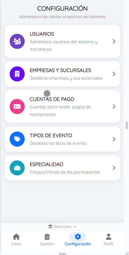 Menú de configuración del sistema